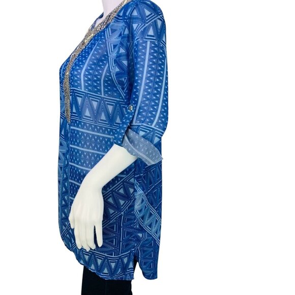 Chicos Tunic Top Byzantine Blue Geometric Semi Sheer Beaded Collar Size 0 | S - Picture 8 of 12